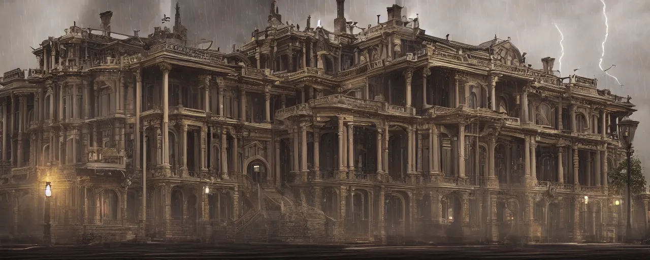 Image similar to victorian architecture, wood, marble, steam, rain, night, dramatic lighting, lightning bolt, trending on Artstation, 8k, highly realistic, hyper detailed, unreal engine 5, IMAX quality, realistic, cinematic, epic lighting, realistic, in the style of Zaha Hadid