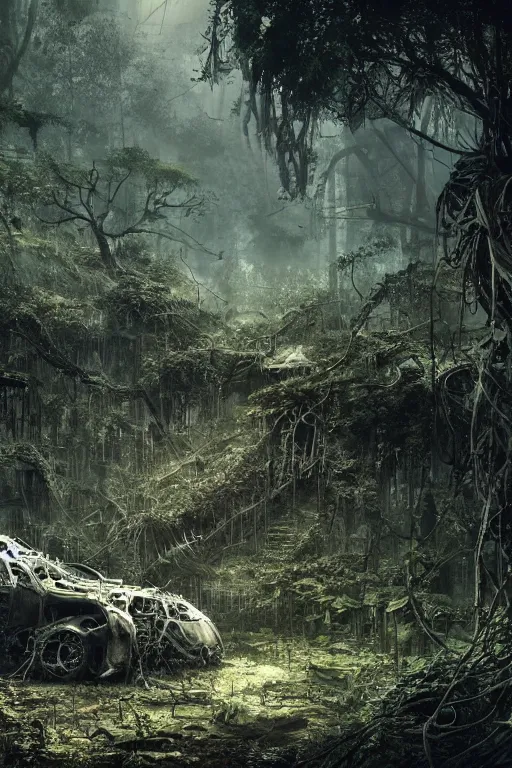 Prompt: decayed aircraft Nimitz laying on the ground overgrown with vegetation and hanging vines, post apocalyptic, tropical forest, by Luis Royo, by Greg Rutkowski, dark, gritty, intricate, cover illustration, concept art, volumetric lighting, volumetric atmosphere, sharp focus, octane render, trending on artstation, 8k,