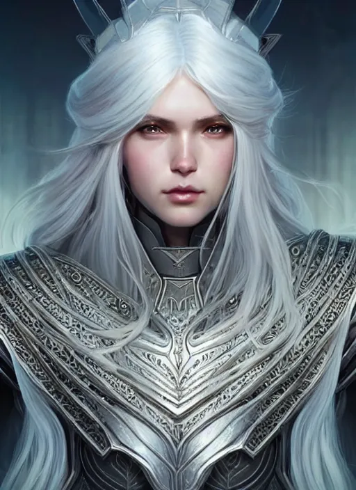 Image similar to light iridescent armor!!! long wild white hair!! covered chest!!! fantasy, d & d, intricate ornate details, digital painting, pretty face!!, symmetry, concept art, sharp focus, illustration, art by artgerm! greg rutkowski magali villeneuve wlop! ilya kuvshinov!!, octane render