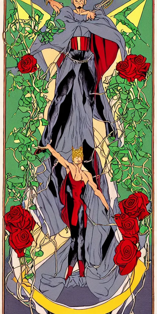 Prompt: tarot card of all powerful slim Magician, infinity, infitite potential, ourosboros, white robe, purity, red cloak, 80s movie poster, mighty hero, knowledge, table in front with a cup, pentacle, sword and wand – water, earth, air and fire, vines, roses, lillies, unlimited potential, flowers, fruition of ideas by frank frazzeta, brom, luis royo, Zdzisław Beksiński and thu berchs James Gurney unreal engine, Trending on artstation.