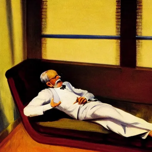 Image similar to Sigmund freud lying on the couch in a therapy room by Edward Hopper, evening light, light coming through the window