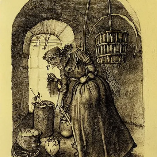 Image similar to a witch adding ingredients to her cauldron, engraving by albrecht durer