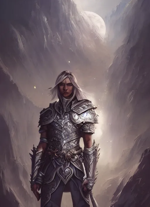 Image similar to male elf warrior with long silver hair, silver armor, shimmery skin, detailed background, moonlit cityscape, cinematic lighting, highly detailed, digital painting, trending on artstation, pixiv, concept art, sharp focus, illustration, art by ross tran, craig mullins and wlop