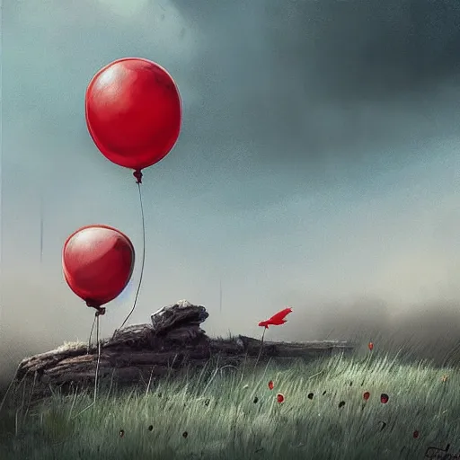 Image similar to grunge cartoon landscape painting of a raven and a red balloon by - michal karcz, loony toons style, pennywise style, horror theme, detailed, elegant, intricate