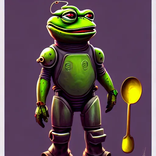 Image similar to Portrait of happy pepe with a spoon wearing futuristic power armor, fantasy, intricate, highly detailed, digital painting, trending on artstation, sharp focus, illustration, style of Stanley Artgerm and Greg Rutkowski and Dan Mumford