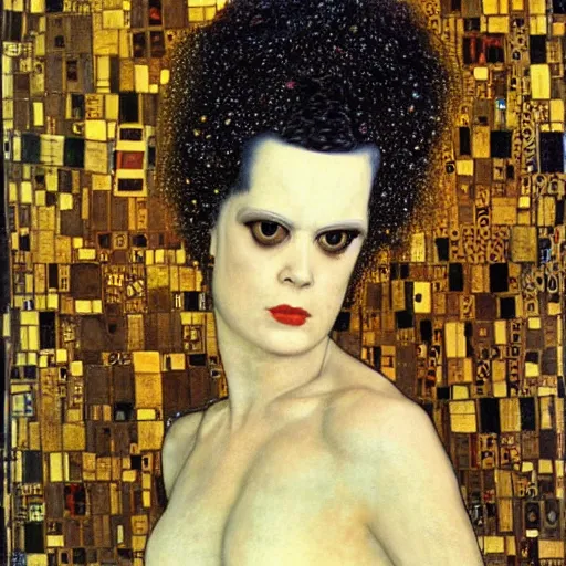 Image similar to bride of frankenstein influenced by gustav klimt.