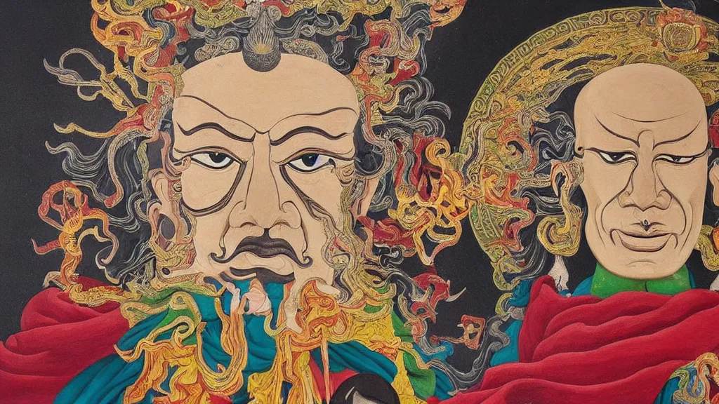 Image similar to a fierce tibetan deity with the face of demented crazy michel foucault philosopher, detailed and moody thanka painting