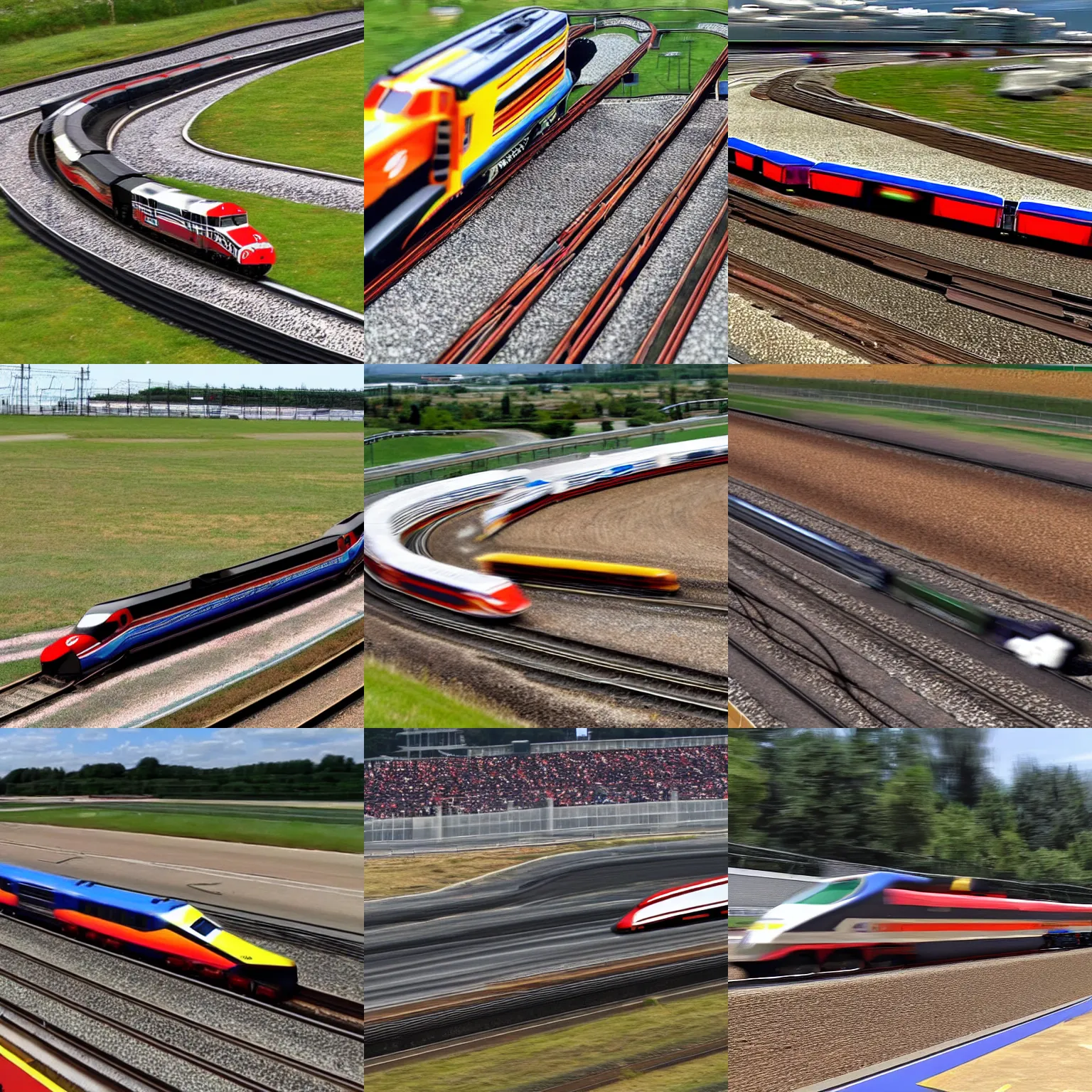 Prompt: a train!!!!!!!!!! on its qualifying lap, on a racetrack