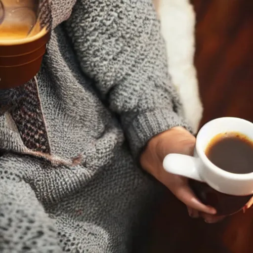 Image similar to mix between woman and bird, having a cup of coffee.