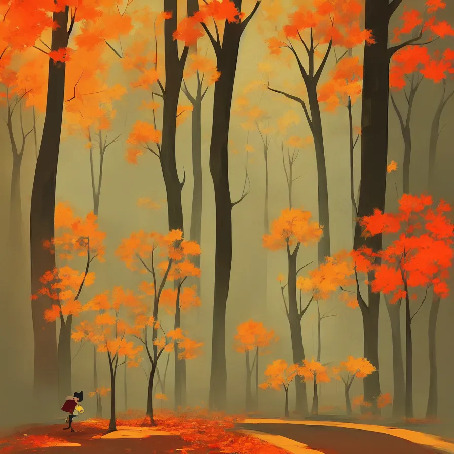 Image similar to goro fujita ilustration a forest full of leaves on the ground, tall autumn trees that let in small streaks of light to the ground, painting by goro fujita, sharp focus, highly detailed, artstation