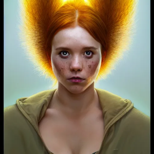 Prompt: Full-Body Portrait of Squirrel Girl, Marvel, fantasy, large bushy squirrel tail behind, symmetrical face, freckles, intricate, cute, elegant, highly detailed, nature, yellow mist, digital painting, artstation, concept art, matte, sharp focus, illustration, art by Artgerm and Greg Rutkowski and Alphonse Mucha