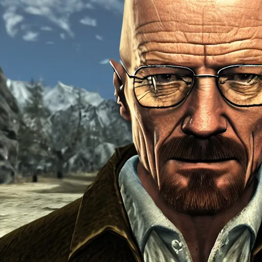 Prompt: in-game screenshot of Walter White as a detective in the game Skyrim