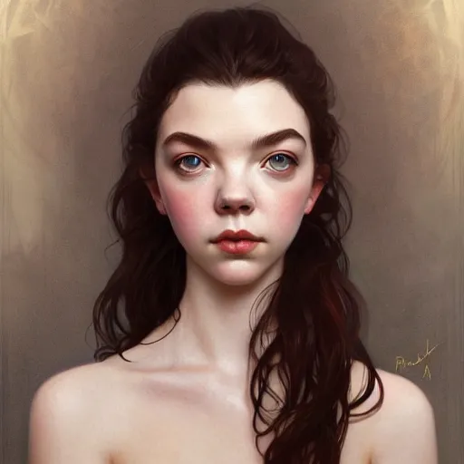 Image similar to beautiful natural Anya Taylor-Joy, intricate, elegant, highly detailed, digital painting, artstation, concept art, smooth, sharp focus, illustration, art by artgerm and greg rutkowski and alphonse mucha and loish and WLOP