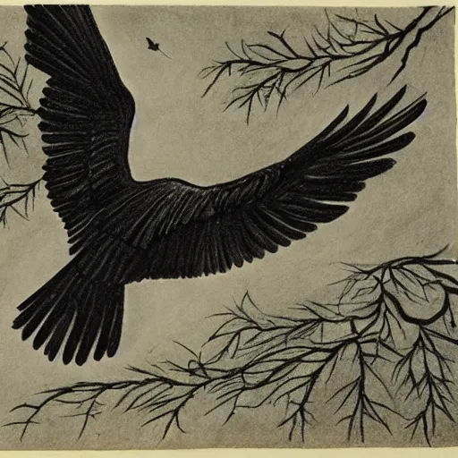 Prompt: drawing of a black eagle flying over a forest