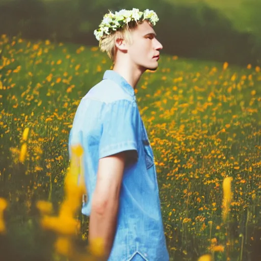 Image similar to kodak portra 4 0 0 photograph of a skinny blonde goth guy standing far back in a field of flowers, back view, flower crown, moody lighting, telephoto, 9 0 s vibe, blurry background, vaporwave colors, faded!,