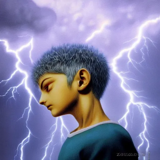 Prompt: killua zoldyck made by zdzisław beksinski, thunderstorm, lighting, blue, pose, 8 k, detailed, high quality, detailed face, 8 k, gold rings