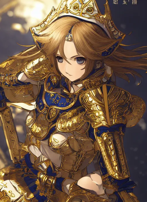 Image similar to royal princess in gold and white armor, hidari, color page, tankoban, 4K, tone mapping, Akihiko Yoshida.