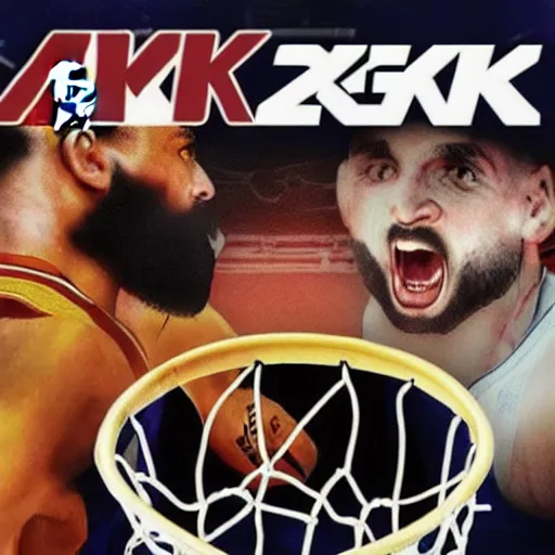 Prompt: nba 2 k video game cover art depicting charles manson dunking a basketball