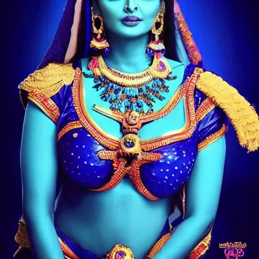 Image similar to extremely beautiful aishwarya rai as a blue - skinned indian goddess with six arms, symmetric, aesthetic!!!, cosplay, studio lighting, beautiful symmetric face, clean composition, highly symmetric body parts, gazing eyes, blue skin, blue body paint