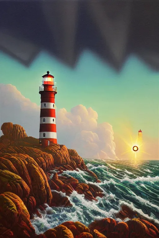 Image similar to a lighthouse in a redwood solar punk vision, overlooking an ocean, choppy waves, oil on canvas by klaus burgle, simon stalenhag, ultra - realistic 3 d depth shading