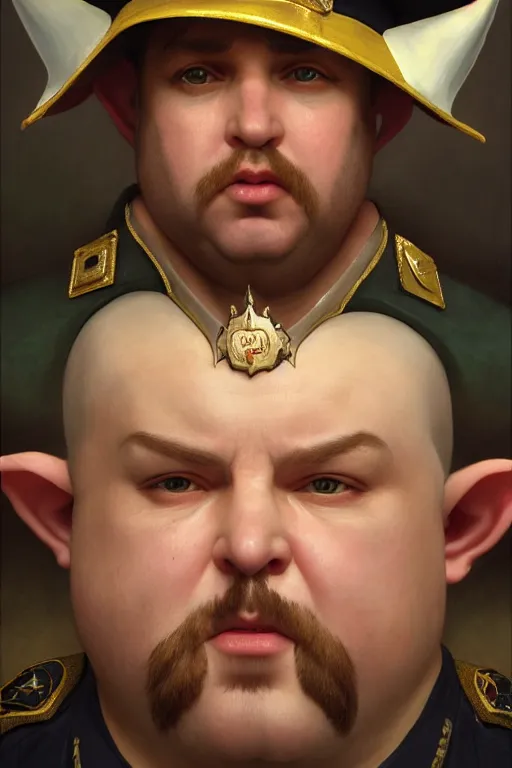 Prompt: a shifty fat high elf mall cop with a sheriff's badge with pointy elf ears, Oil Painting, hyperrealistic, Detailed Digital Art, RPG portrait, 3/4 bust, William-Adolphe Bouguereau, Michael Cheval, dynamic lighting, Highly Detailed, Cinematic Lighting, 8k, HD
