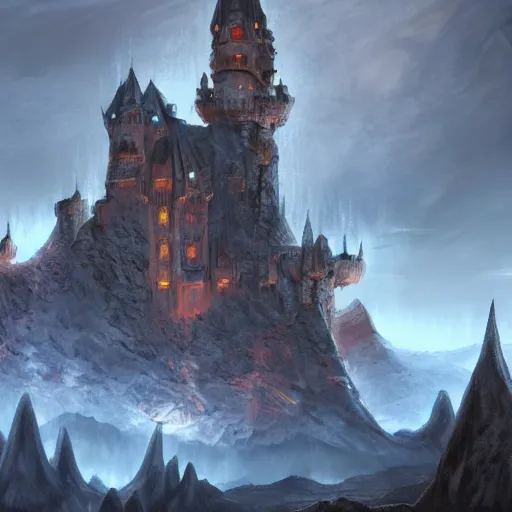 Image similar to evil fantasy castle on a mountain, dungeons and dragons, epic illustration, fantasy illustration, epic, 8 k, artstation, giant axe