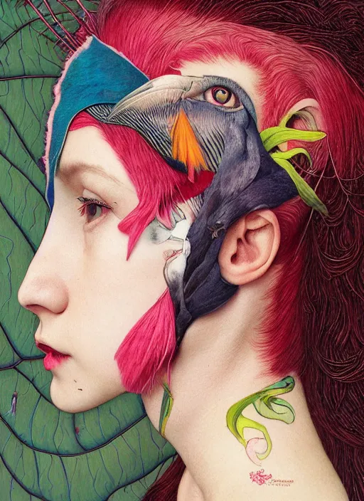 Prompt: an awkward punk woman with a crooked nose, cat eye, botanical, birds of paradise, portrait face, colorful, kupka, intricate, miles johnston, kuroda seiki, ozabu, godward, painterly, yoshitaka amano, moebius, miles johnston, louise zhang, james jean, mark ryden lowbrow pop surrealism art style