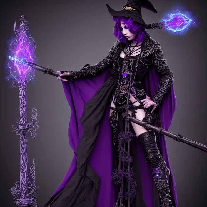 Image similar to photograph of a real-life beautiful elemental darkness witch with ornate purple and black robes and staff. Extremely detailed. 8k