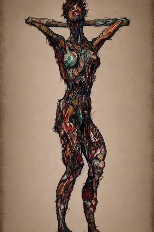 Image similar to a full body character with lifted arms in style of herakut and egon schiele, masterpiece, centered, hyperdetailed, complex, intricate, veiled, 4 k, dynamic!! trending on artstation,