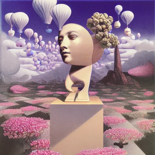 Image similar to David Friedrich, giant marble chess pieces, gold rings, liminal spaces, party balloons, checkered pattern, mirrors, David Friedrich, award winning masterpiece with incredible details, Zhang Kechun, a surreal vaporwave vaporwave vaporwave vaporwave vaporwave painting by Thomas Cole of an old pink mannequin head with flowers growing out, sinking underwater, highly detailed