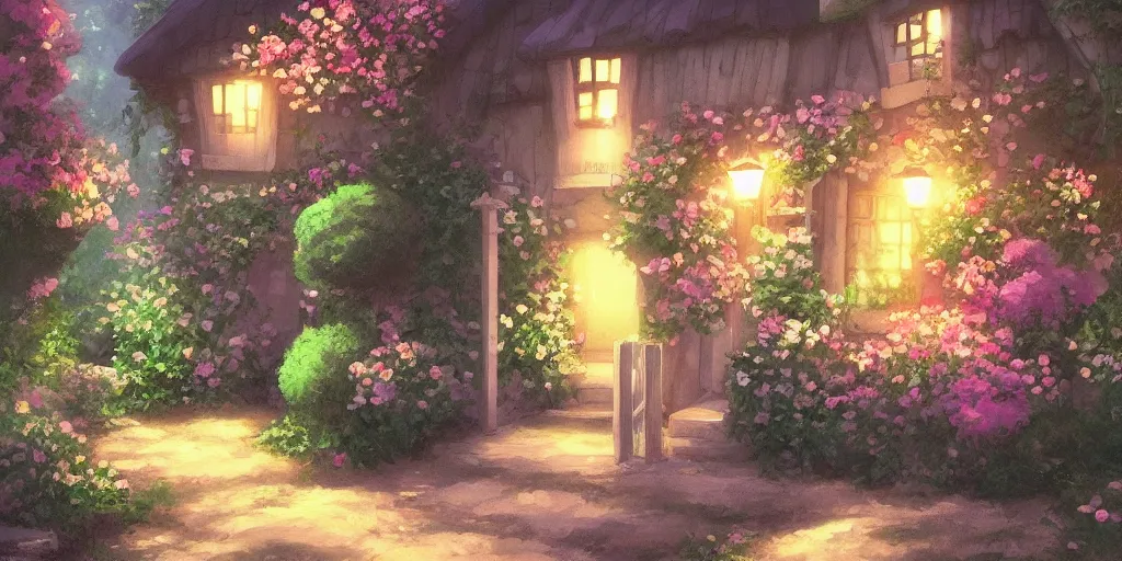 Prompt: Flowery cottage, evening, Studio Ghibli, Artstation