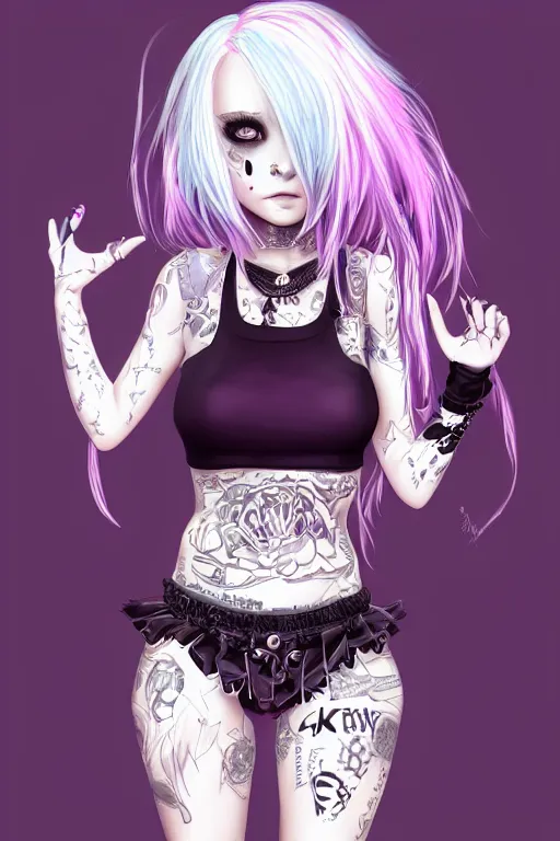 Prompt: kerli koiv anime goth girl with tattoos purple hair in mini skirt and crop top intricate, full body, extremely detailed, artstation, 8 k, sensual lighting, incredible art, wlop, artgerm