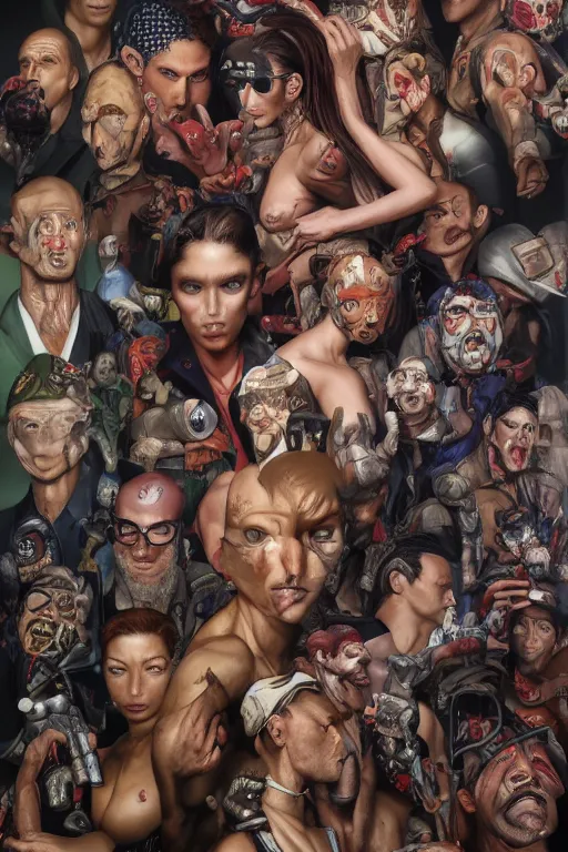 Image similar to place full of tunnel rats - pop art, hyperrealistic, detailed by artgerm and richard hamilton and mimmo rottela and bob rafei and kazuma kaneko and bengus and yoshitaka amano, face features, human anatomy features, sharp focus, realistic detail human composition, anatomy models details, multicultural race