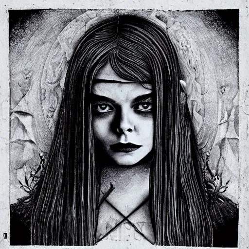 Image similar to a striking esoteric painting of Elle Fanning, dark, metal, black background, occult, by Paulina Peavy