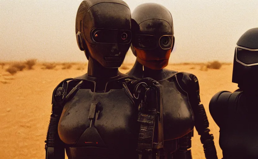 Image similar to cinestill 5 0 d photographic portrait by helen levitt of two loving female androids wearing rugged black mesh techwear on a desolate plain, extreme closeup, modern cyberpunk, dust storm, 8 k, hd, high resolution, 3 5 mm, f / 3 2, ultra realistic faces, ex machina