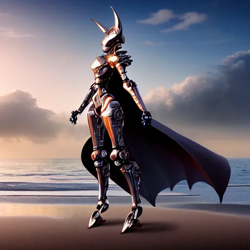 Image similar to full body shot, realistic detailed stunning beautiful anthropomorphic robot mechanical female dragon, doing an elegant pose with hand on hip, looking to the side, sleek streamlined armor and design, sharp claws, sleek head, long tail, standing on two legs, wearing a hooded cloak that blows in the wind from behind her, on the beach during sunset, high quality, cinematic art, sunset lighting, artstation, deviantart, furaffinity