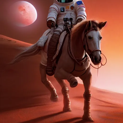 Image similar to centered portrait of the astronaut riding a horse in Mars, realistic character concept, high fantasy, light atmosphere, golden ratio, wide shot, cinematic lighting, hyperdetailed, high detailed, high resolution, insanely detailed and intricate, artstation, Marc Simonetti, Greg Rutkowski, octane render, unreal engine, 8k