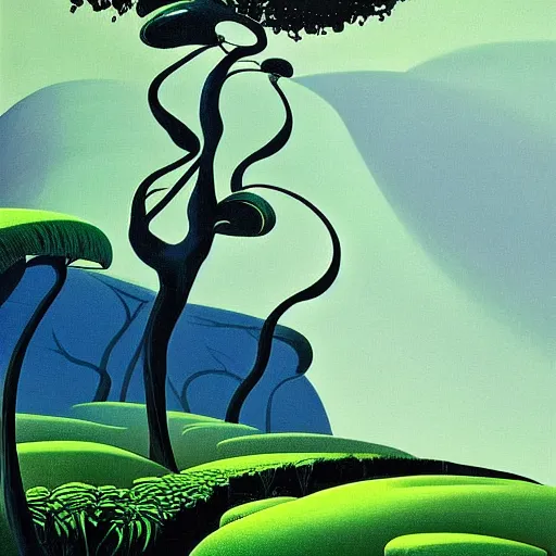 Prompt: painting of a lush natural scene on an alien planet by eyvind earle. magical realism. beautiful landscape. weird vegetation. cliffs and water.