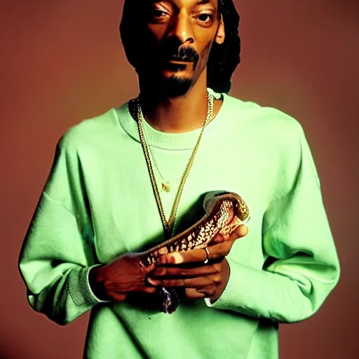 Prompt: Snoop Dogg holding a snake for a 1990s sitcom tv show, Studio Photograph, portrait, C 12.0