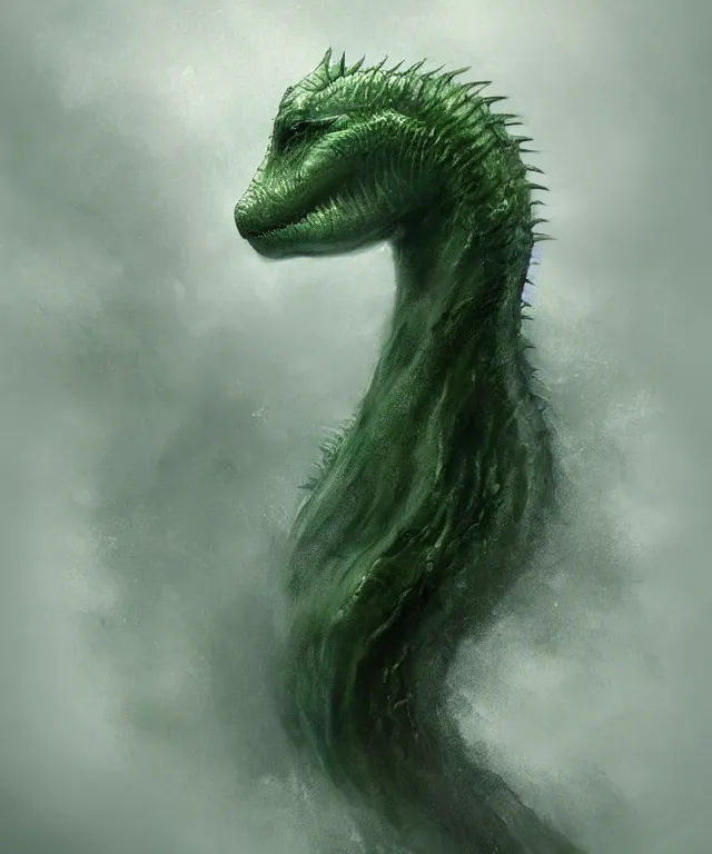 Prompt: loch ness monster by charlie bowater and titian and artgerm, full - body portrait, intricate, face, lake, elegant, green mist, beautiful, highly detailed, dramatic lighting, sharp focus, trending on artstation, artstationhd, artstationhq, unreal engine, 4 k, 8 k