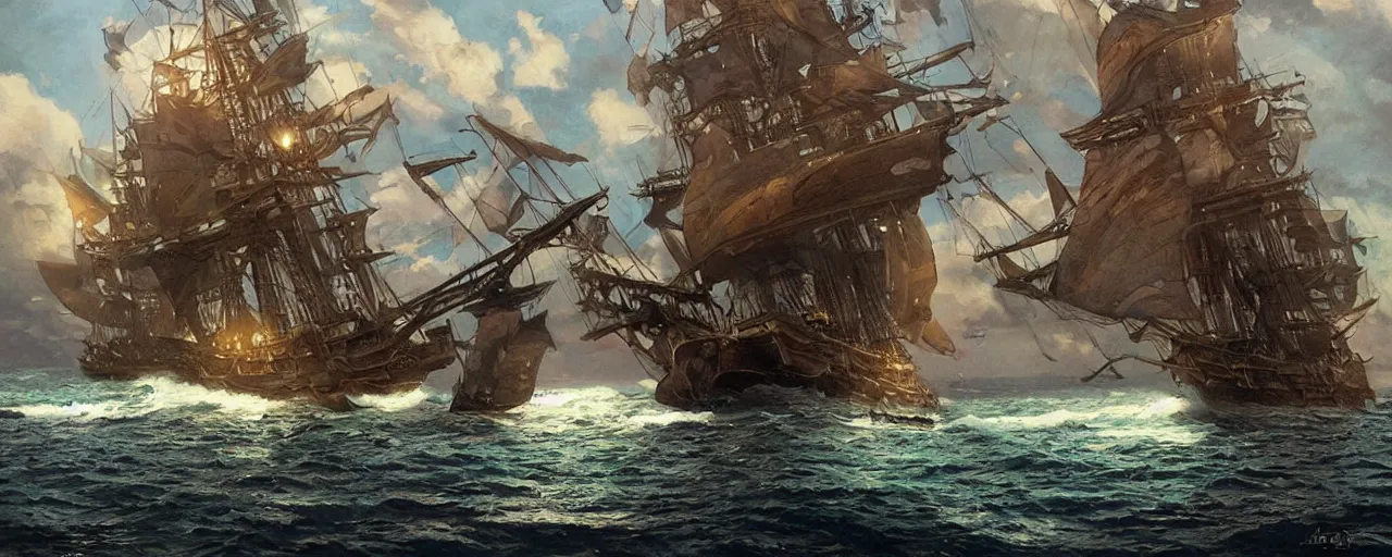 Prompt: The black pearl ship in the caribbean sea, intricate, tropical, highly detailed, digital painting, concept art, sharp focus, illustration, cold, art by artgerm and greg rutkowski and alphonse mucha