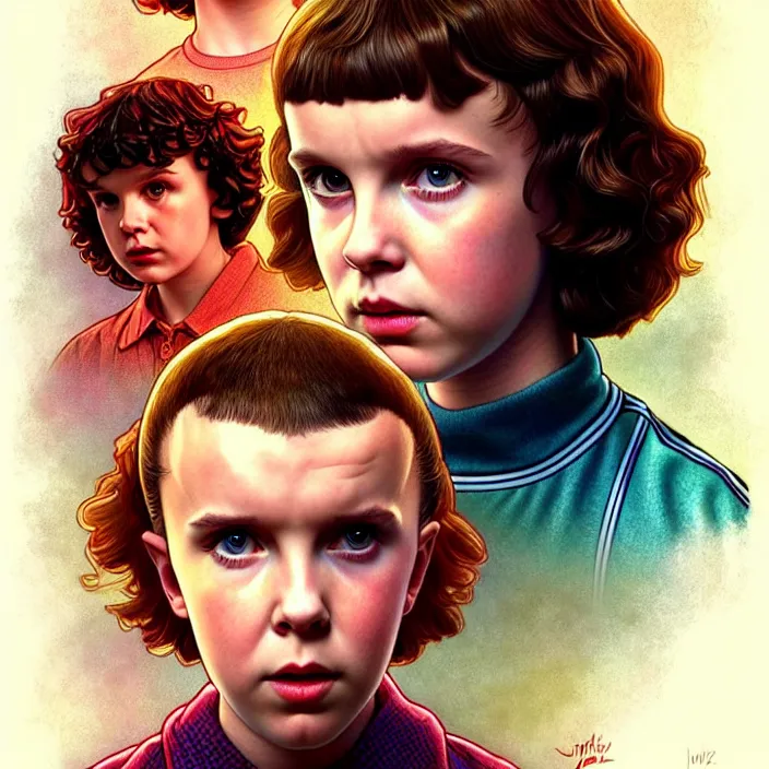 Prompt: Millie Bobbie Brown in Stranger Things as Eleven, diffuse lighting, fantasy, intricate, elegant, highly detailed, lifelike, photorealistic, digital painting, artstation, illustration, concept art, smooth, sharp focus, art by John Collier and Albert Aublet and Krenz Cushart and Artem Demura and Alphonse Mucha