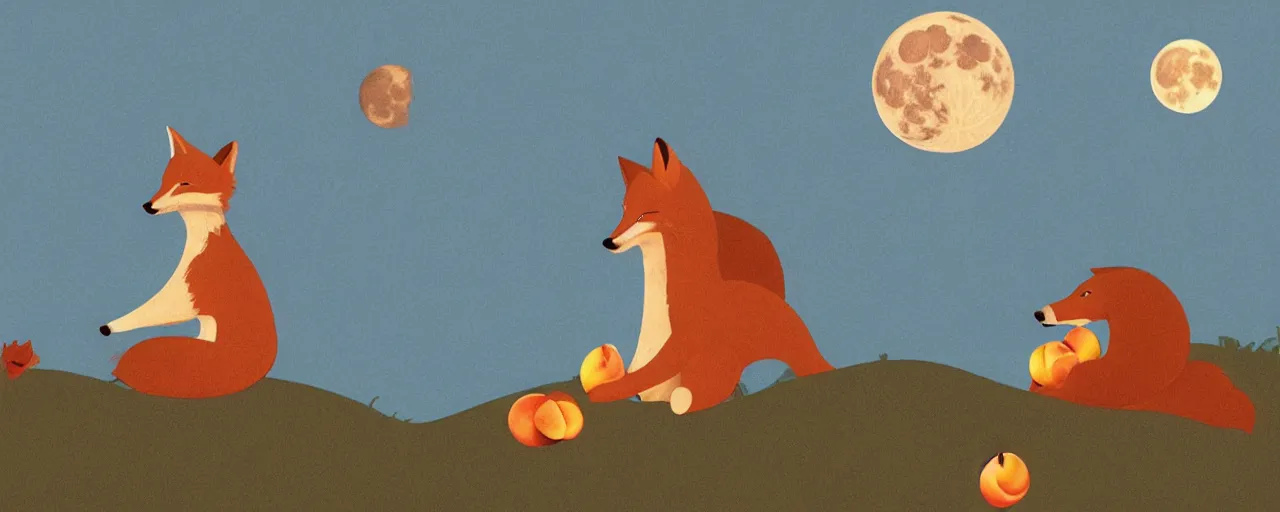 Image similar to a girl sitting on the back of a giant fox, eating peaches under the moon