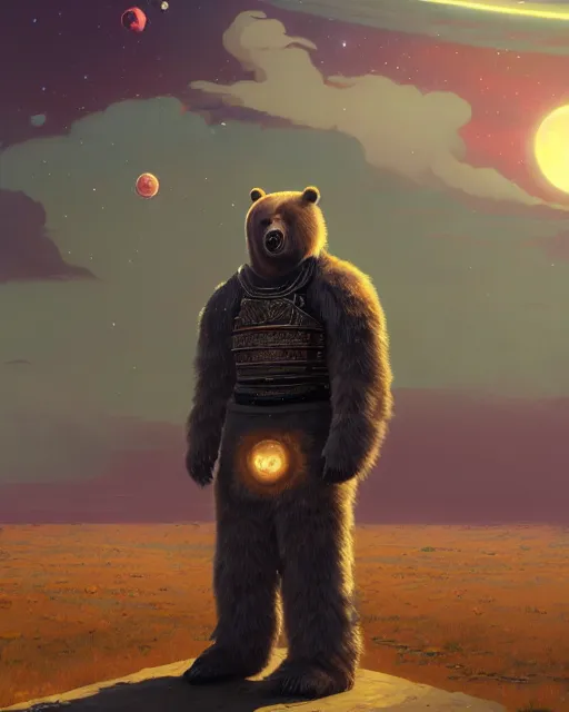 Image similar to highly detailed surreal vfx portrait of a metallic chromatic samurai bear in front of planets filled sky, stephen bliss, unreal engine, greg rutkowski, loish, rhads, beeple, makoto shinkai and lois van baarle, ilya kuvshinov, rossdraws, tom bagshaw, alphonse mucha, global illumination, detailed and intricate environment