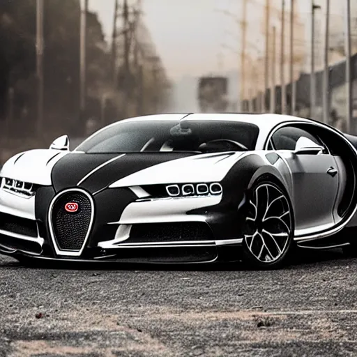 Image similar to an abandoned bugatti chiron in a post - apocalyptic city