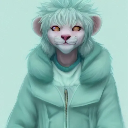 Image similar to aesthetic portrait commission of a albino male furry anthro lion wearing a cute mint colored cozy soft pastel winter outfit, winter atmosphere character design by charlie bowater, ross tran, artgerm, and makoto shinkai