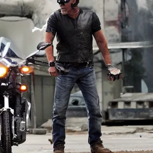 Image similar to Mark Zuckerbeg plays Terminator, rides a Harley motorobike, action scene