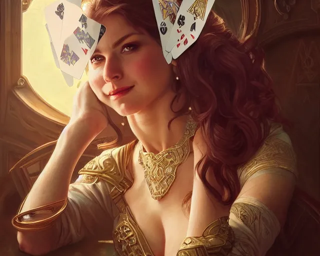 Image similar to royal flush, all in, poker, winner, smirk, deep focus, d & d, fantasy, intricate, elegant, highly detailed, digital painting, artstation, concept art, matte, sharp focus, illustration, hearthstone, art by artgerm and greg rutkowski and alphonse mucha