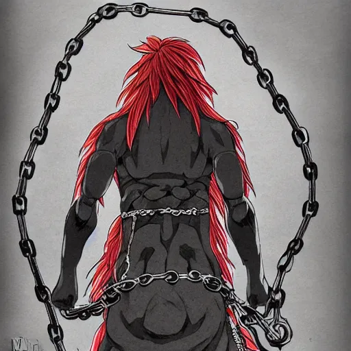 Image similar to A FULL BODY PORTRAIT FROM BEHIND OF MADARA UCHICHA ,THE MAN KEEPS A KUSARIGAMA AND IT IS WRAPPED IN CHAINS ,detailed, concept art, ink style , sketch