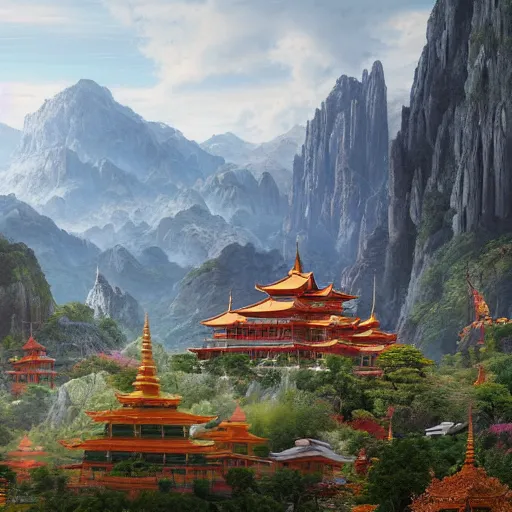 Image similar to a beautiful and highly detailed matte painting of a colorful buddhist temple in the distance high in the most epic mountains ever, intricate details, epic scale, insanely complex, 8 k, sharp focus, hyperrealism, very realistic, by caspar friedrich, greg rutowski, james gurney